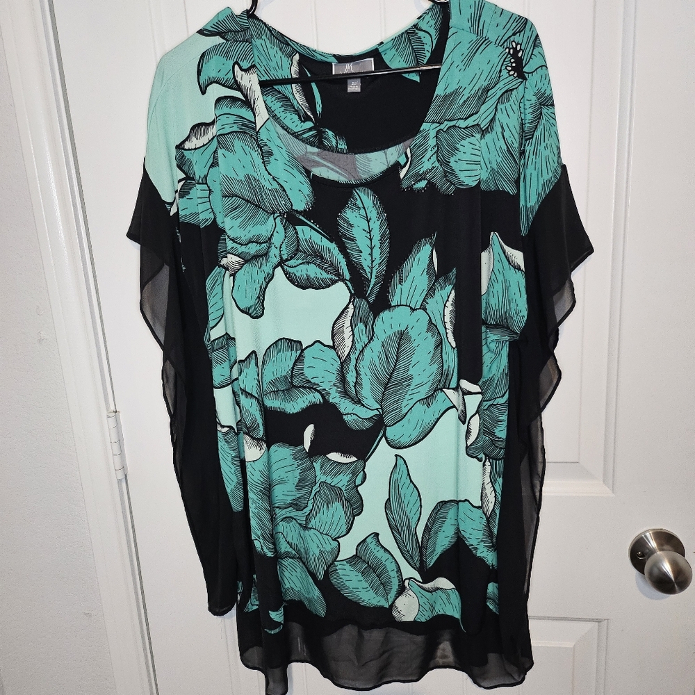 JM Collection Teal Floral Beaded Kaftan Tunic Top Plus Size 2X Sheer Trim